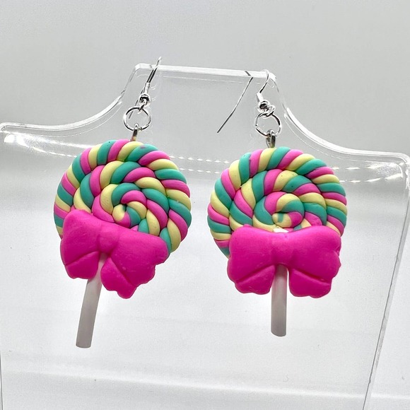 Rainbow Swirl Lollipop Sucker Earrings - Pink Bow with Pastel Rainbow - Picture 1 of 6